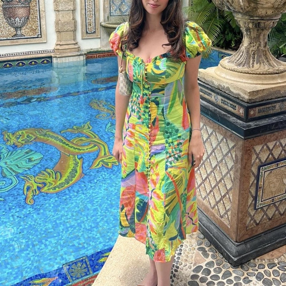 Farm Rio Printed Puff-Sleeve Dress | Size X-Small